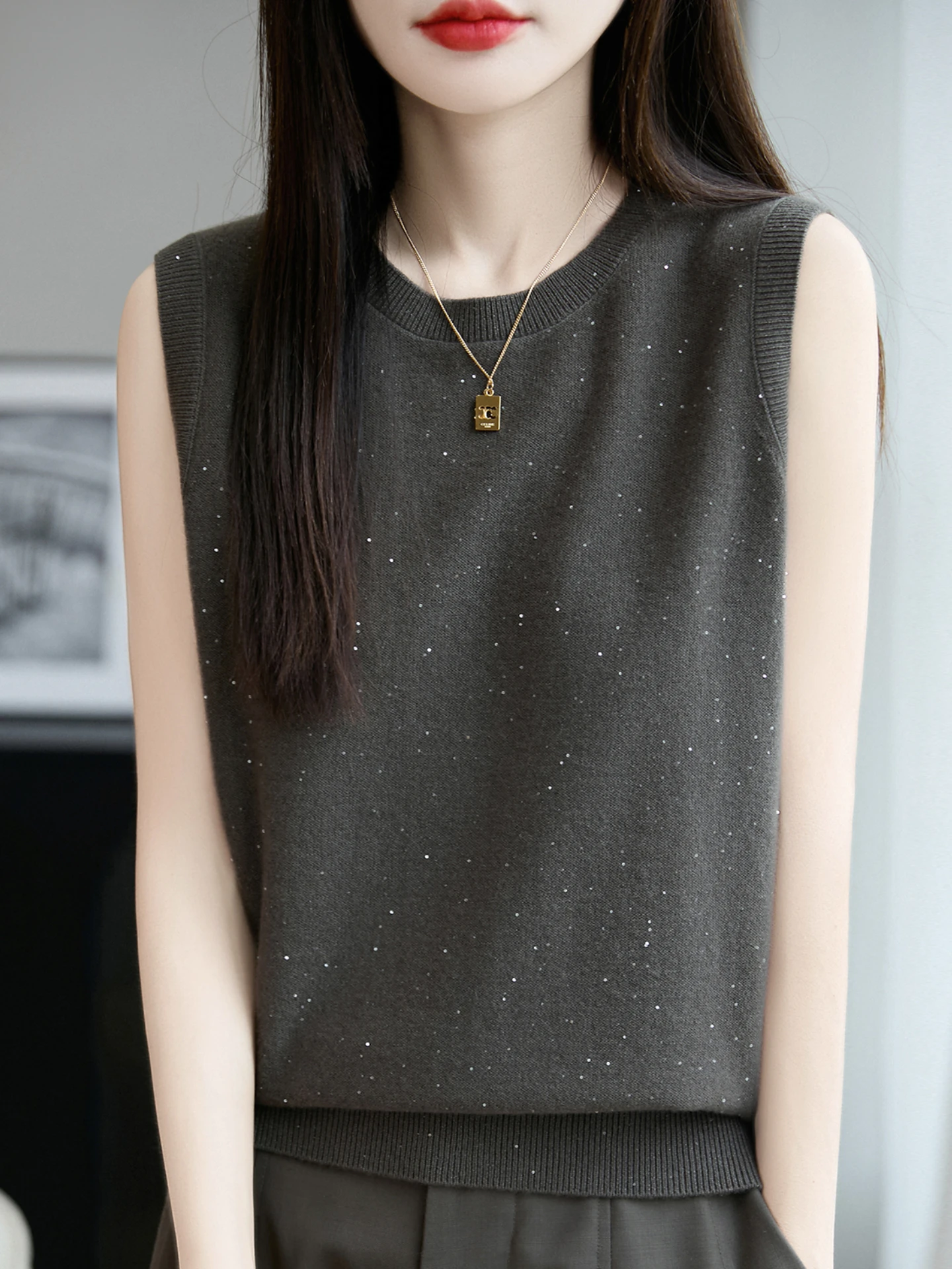 엘리 시퀸 순모 스웨이드 라운드 네이키드 니트 베스트 여성 아우터웨어 이너 매치 탑 베이스 아이르트 스웨터 베스트