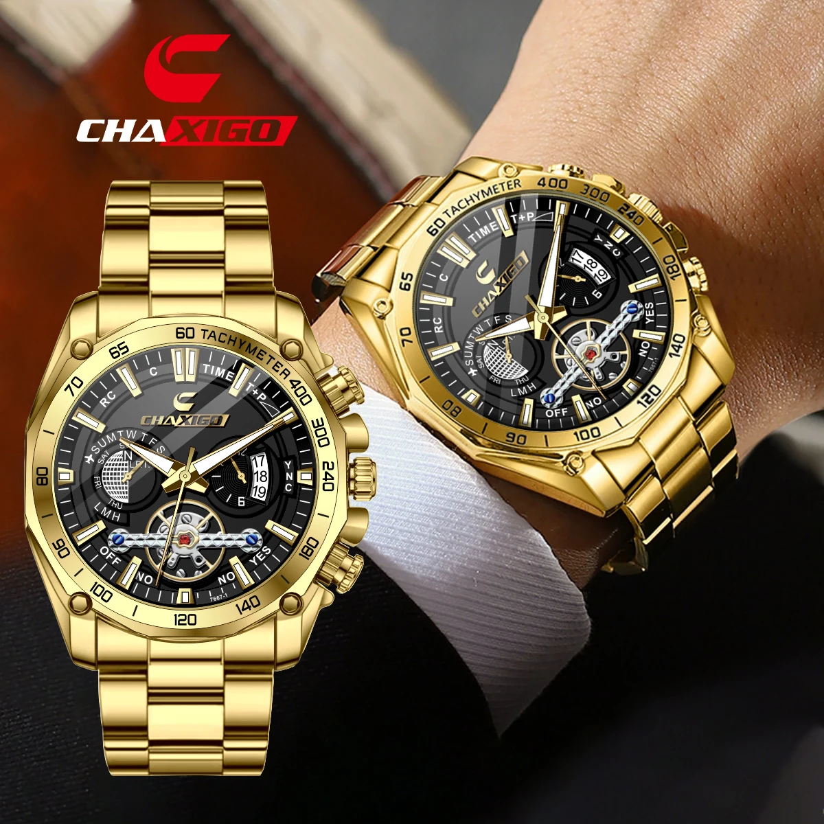 

CHAXIGO Men's Fashion Luxury Business Sport Stainless Steel Strap Chronograph Quartz Watch 30m Water Resistance, Luminous Hands