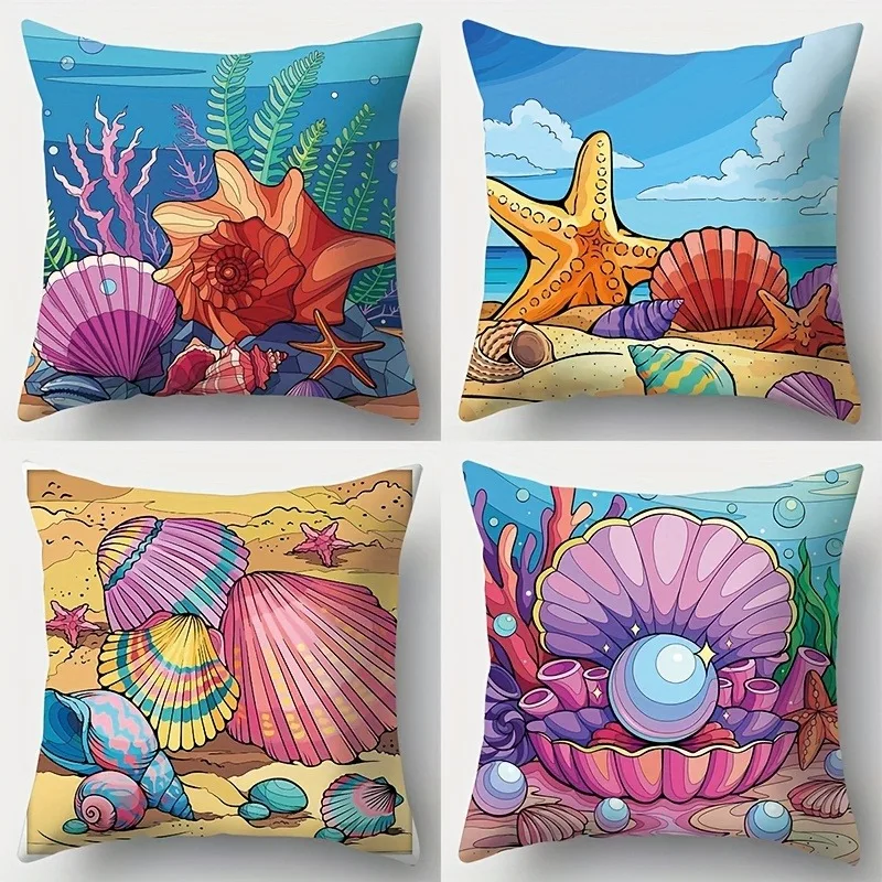 

Vibrant Underwater Seashell Pillowcase: Starfish & Pearl Pattern Decorative Pillow Cover