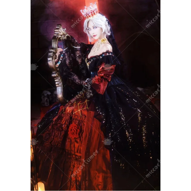 Miccostumes 24 ساعة شحن المرأة ماري الدموي الملكة تأثيري فستان مُصمم حسب الطلب وشاح الرأس مع حزام الخصر والقفازات