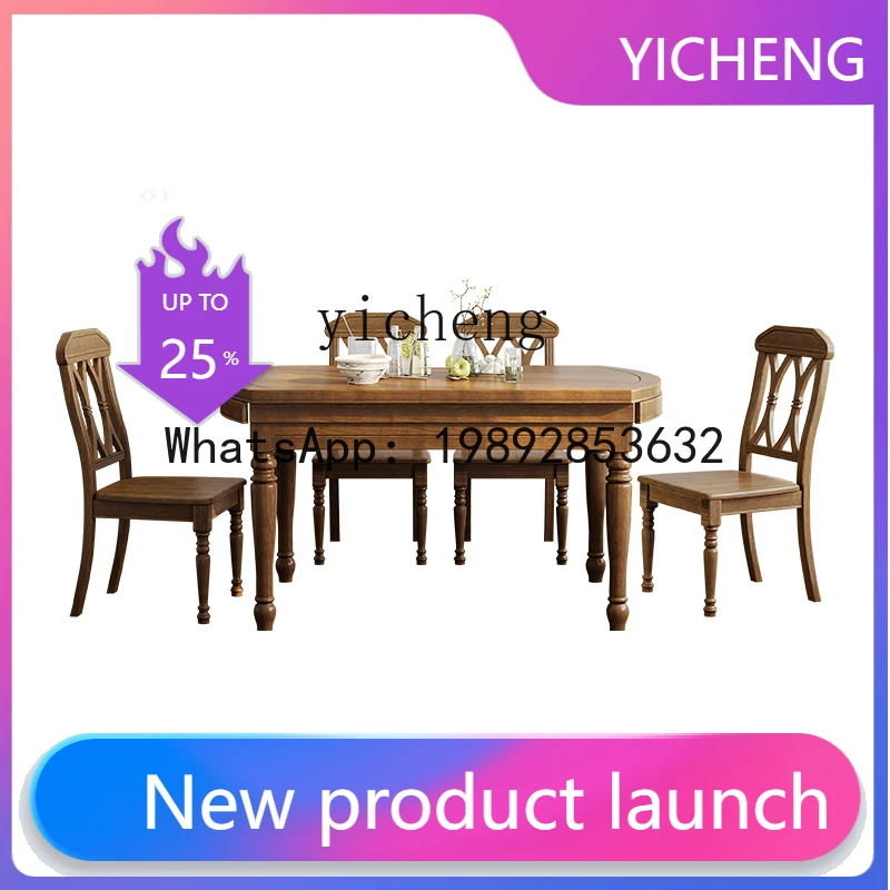 

W8- American country solid wood dining table home restaurant French retro retractable folding round dining table and chairs