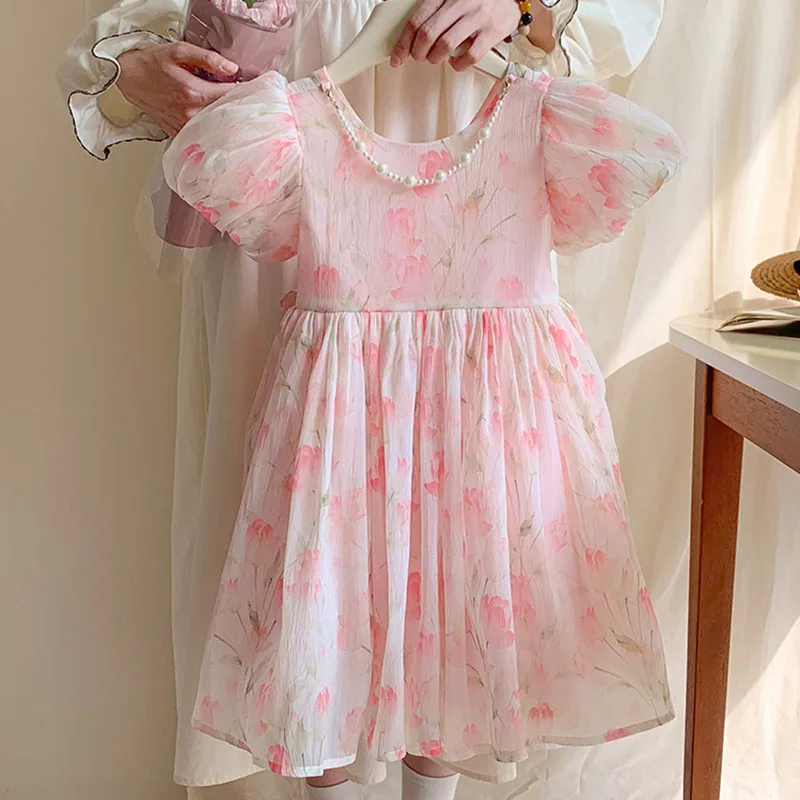 Pink Floral Summer Dress Short Sleeve Girls Princess Dresses Children's Puff Clothes Girl Birthday Party Prom Concert Dress