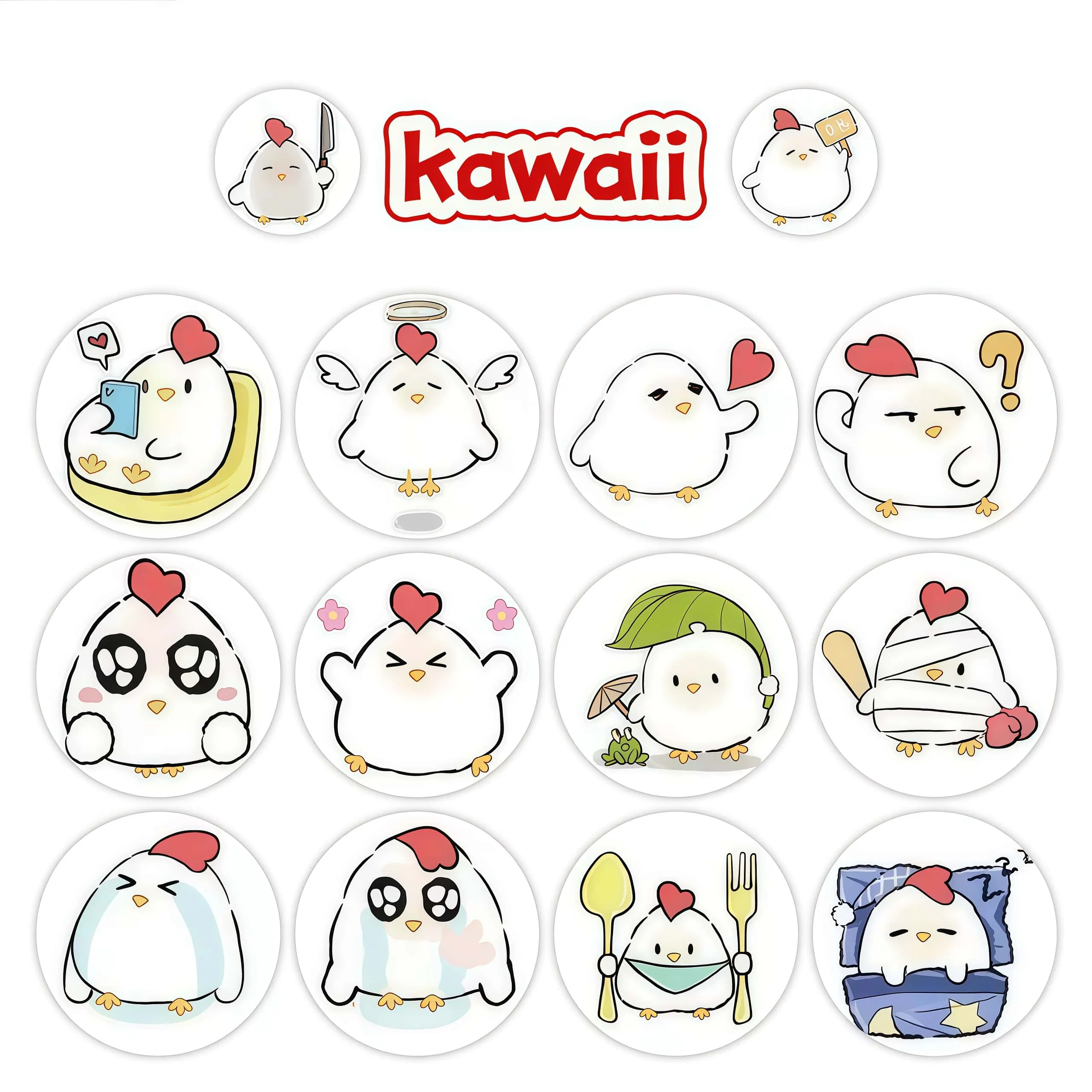 500Pcs Cute Heart Top Chick Round Sticker Roll, Cartoon Chicken Multi Expression Labels for Package Sealing Journal Scrapbook