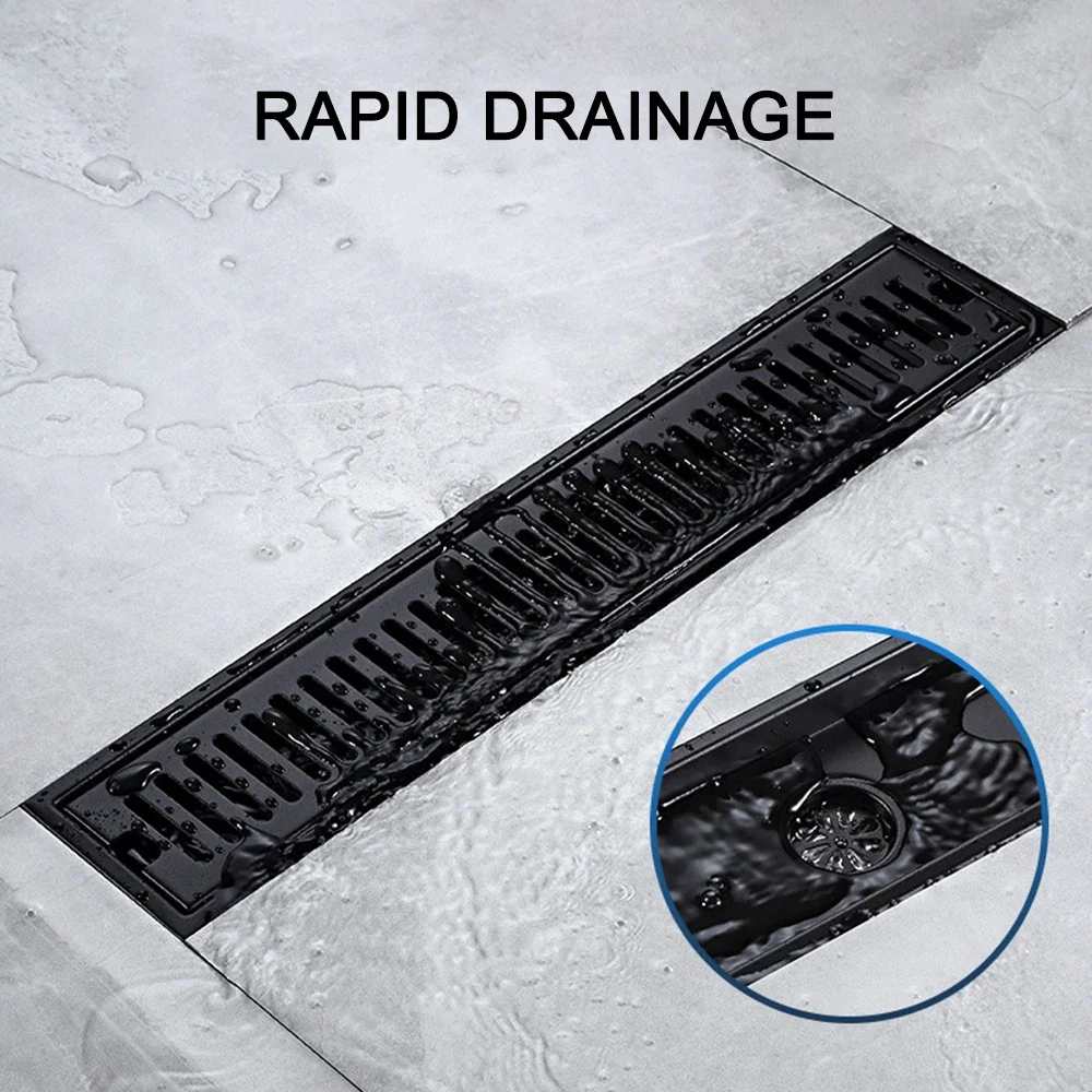 

20-100cm Black Floor Drain Side/middle Shower Drains Stainless Steel Bathroom Drainage Linear Waste Drain Cover Strainer