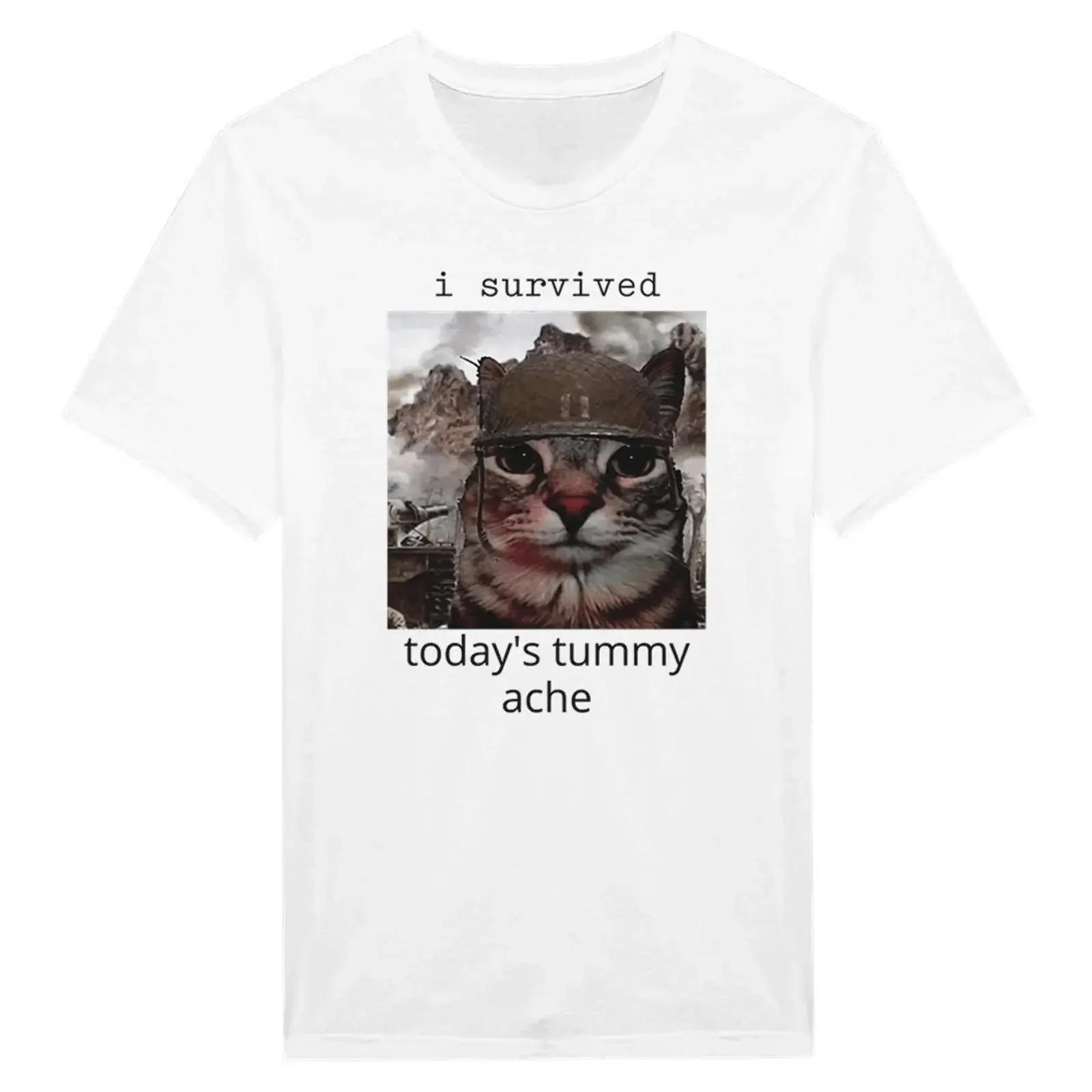 I Survived Today's Tummy Ache 1000 Yard Stare Cat Meme T Shirt vintage Washed Slightly fashion Soft Comfortable