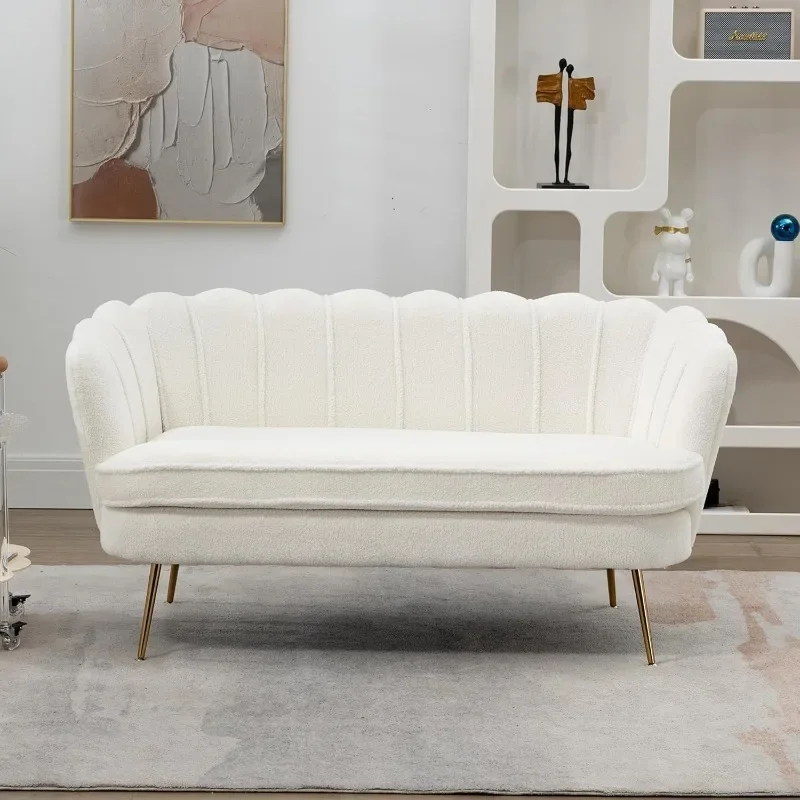 Ivoorwitte kleine loveseat bank met gouden metalen poten voor woonkamer slaapkamer kantoor