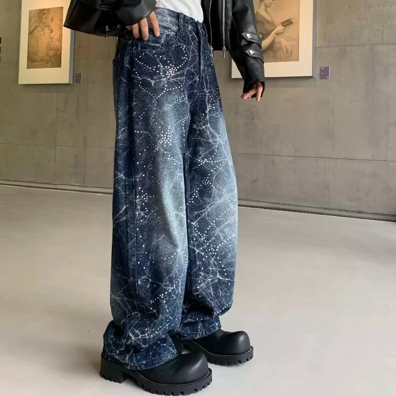 Men Vintage Rhinestone Wide Leg Jeans Crackle Wash Glitter Diamond Denim Pants Loose Straight Baggy Trousers Hip Hop Long Pants