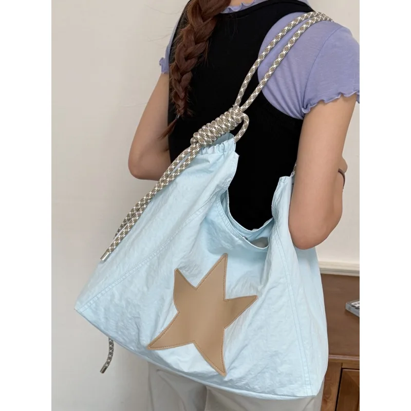 1PCS Crossbody Bag Fabric Material Crossbody Bag Khaki Star Patch Large Capacity Fabric Tote Bag Braided Thick Rope Shoulder