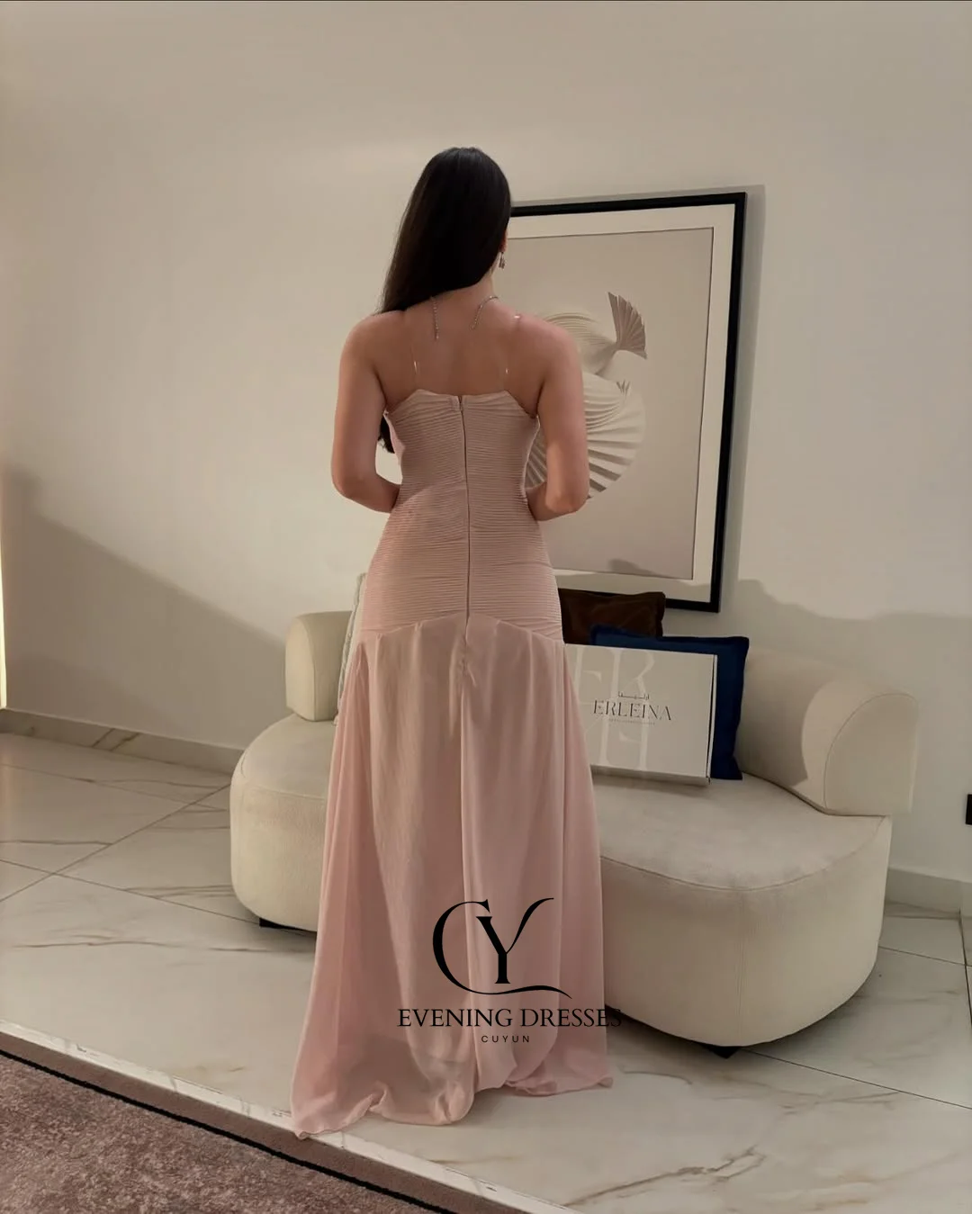 CUYUN Customized Pink A Line Chiffon Maxi Evening Dress Strapless Pleated Saudi Arabic Prom Dress Dubai Party Gown