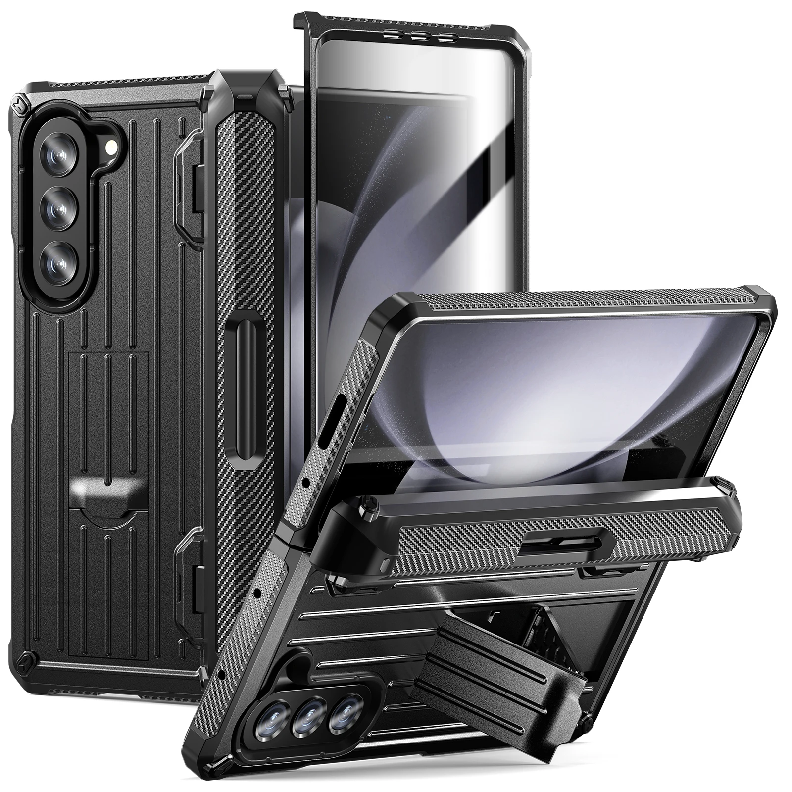 For Samsung Galaxy Z Fold 5 4 3 Case Shockproof Armor Foldable Hinge Pen Holder With Tempered Film Bracket Heavy Duty Hard Cover