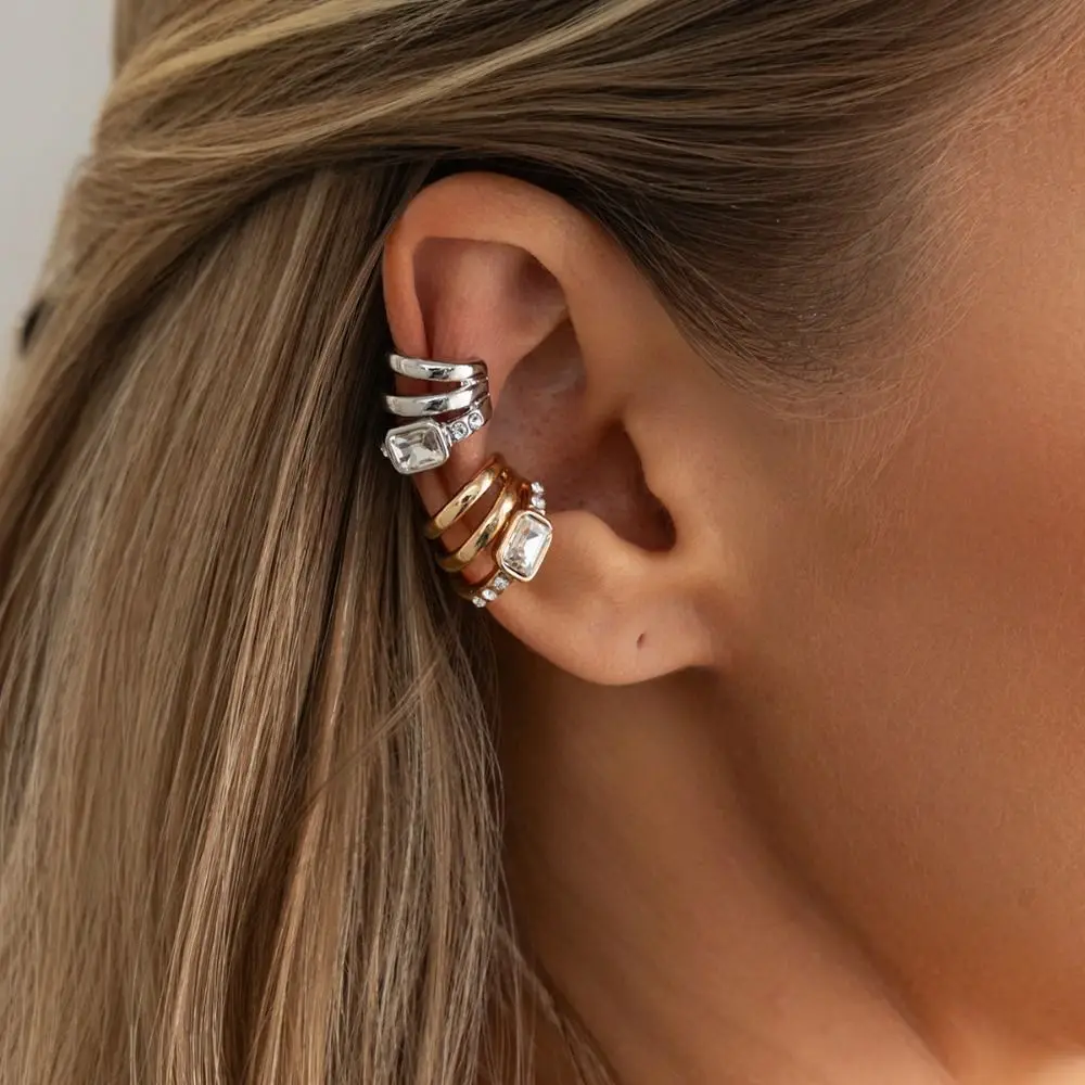 Punk Multi-Layer C-shaped Ear Clip Golded Metal Triple Ring Clip Silver Minimalism Ear Buckle Wear