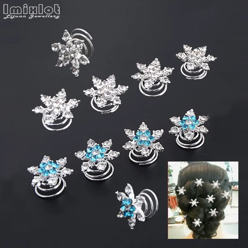 Imixlot 12pcs/lot Crystal Flower Spiral Hair Pins Women Hair Jewelry Swirl Snowflake Hairpin Wedding Bridal Hair Accessories