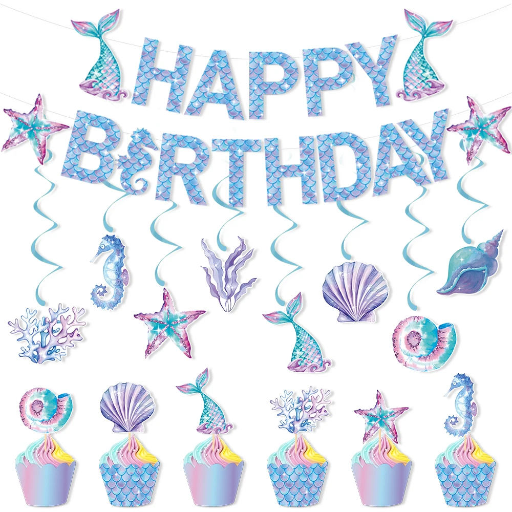 Adorno para tarta de sirena, banderas, decoración de postre, feliz cumpleaños, princesa, niños, niñas, estrella de mar, adornos para magdalenas, fiesta de Baby Shower, horneado DIY