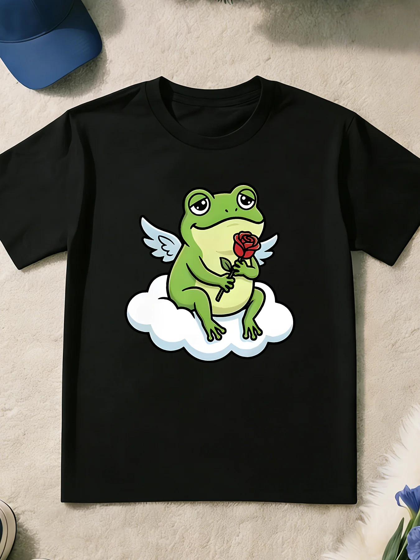 Angel Frog Holding Red Rose On Cloud Cartoon Print T Shirt Boys Girls Cute Short Sleeve Tee Family Matching Kids Cotton Tops