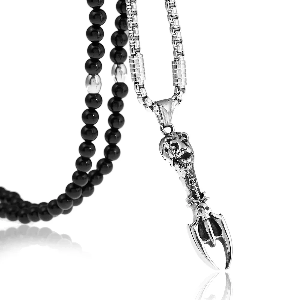 Hiphop/Rock Style Stainless Steel Lion Head Satanism Pendant Necklace with Black Natural Stone Chain Necklace 27 inches