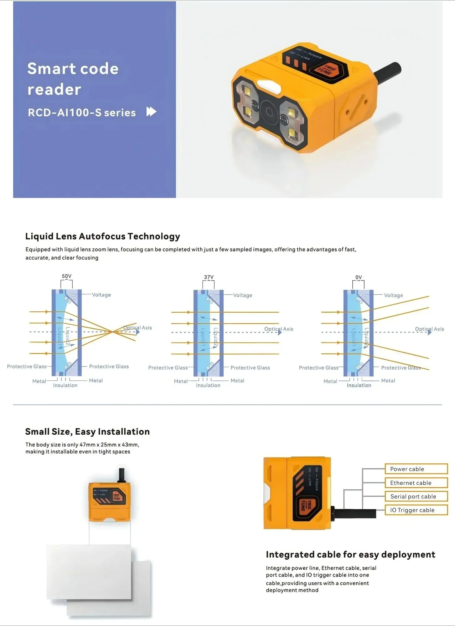 Adjustable Lighting Fast Barcode Scanner High Precision Wide Range Industrial Automation Small Code Reader Sensor RCD-AI100-S