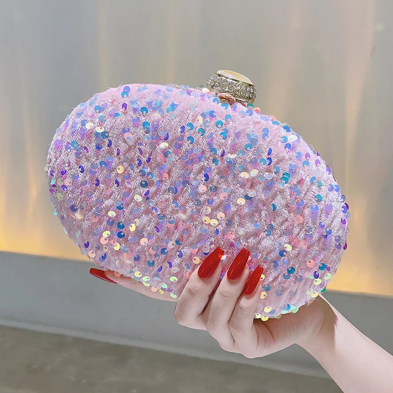 

Handmade Glitter Clutch Evening Parties Sequins Embroidery Sequined Purse Pink Prom Egg Shape Handbag Ball Wedding Banquet Bag