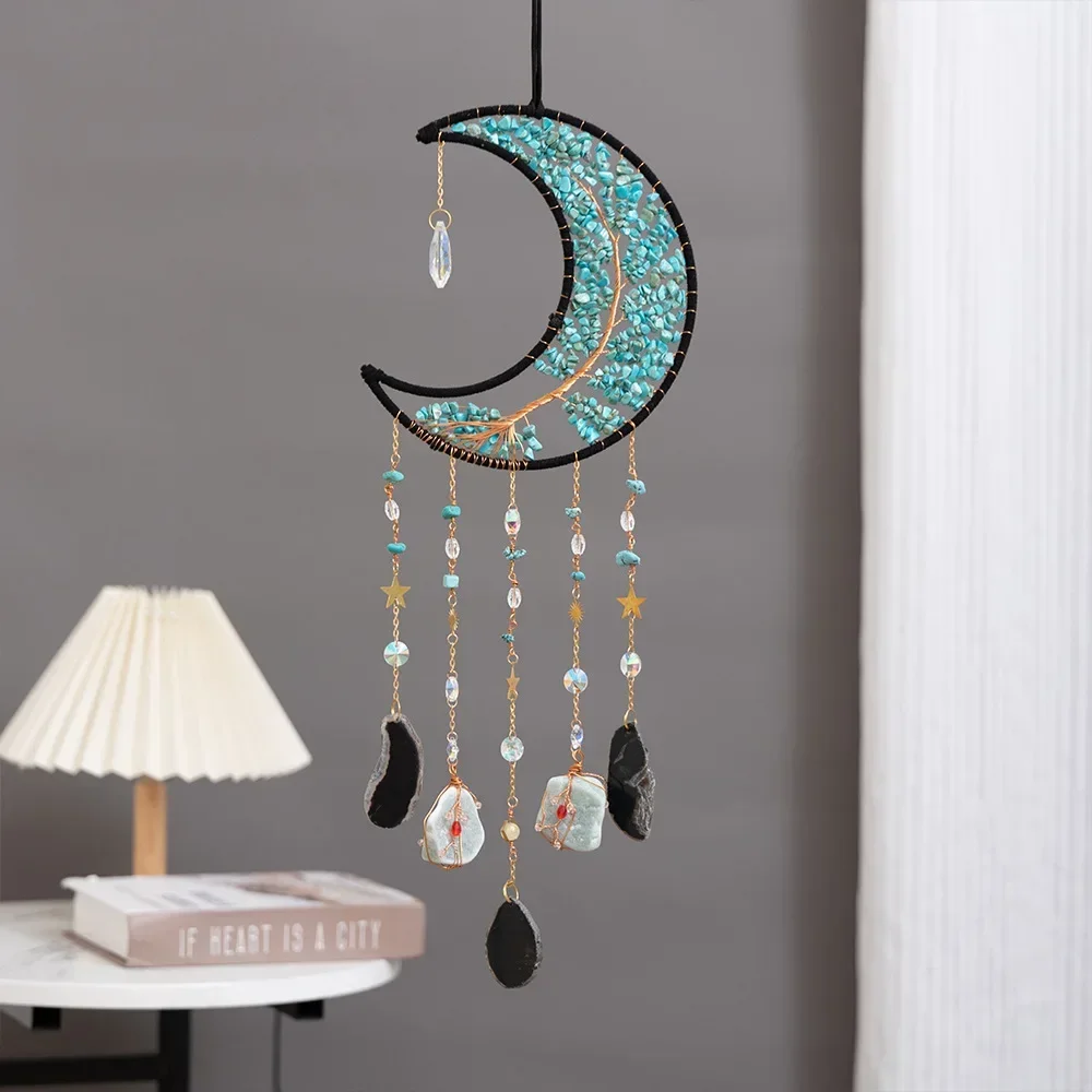 Tree of Life Dream Catcher Hanging Ornament for Girl Room Natural Gemstones 7 Chakra Agate Stone Crystal Suncatcher Energy Decor