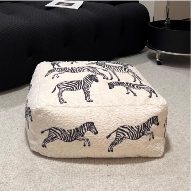 White Zebra Print Floor Cushion Meditation Pouf Stool for Yoga Washable Round Seat Plush Decorative Accent Pillow for Home