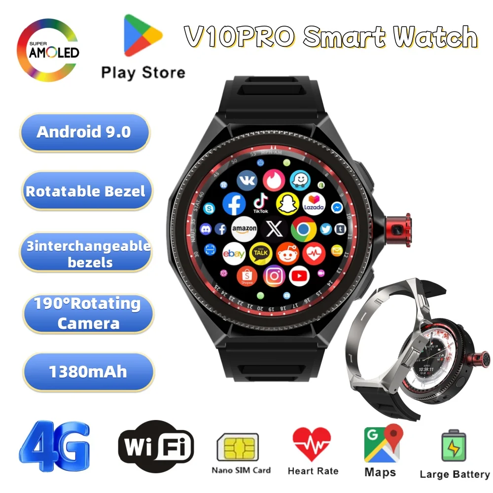 

V10pro Android Smart Watch 3 replacement frame 4G SIM Card AMOLED Rotating Bezel 190° Rotating Camera Google Play Smartwatch Men