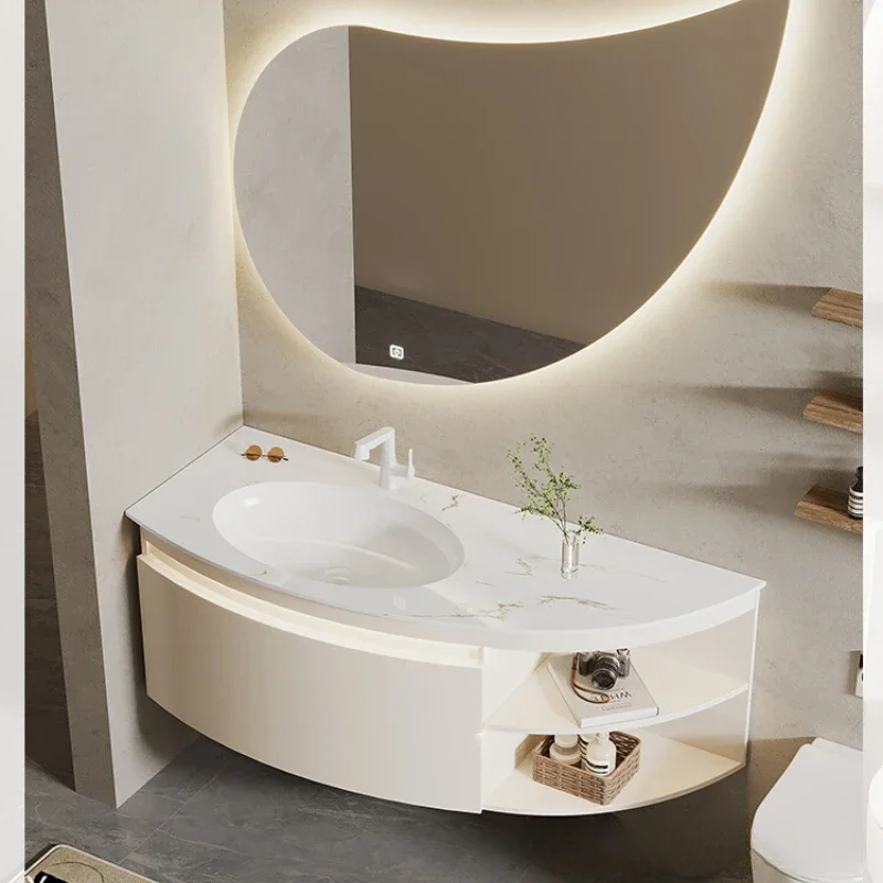 

Oak bathroom cabinet combination rounded rock slab hot bending integrated basin washstand