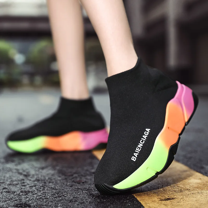 

Sneaker Women High Top Sock Shoes Thick Sole Rainbow Casual Shoes Slip on Wear-Resistant Elastic Sport Large Size Woman Sneakers