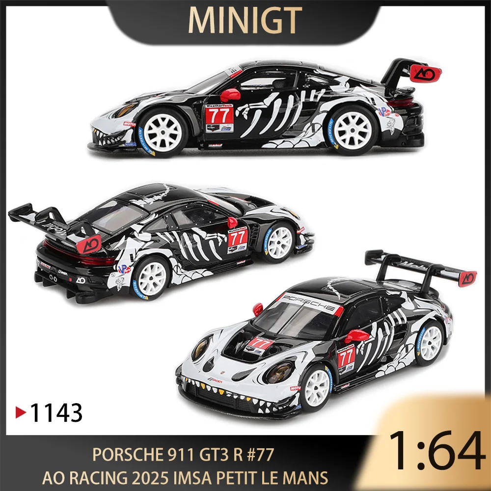 

MINIGT 1/64 Porsche 911 GT3 R #77 GTD PRO AO Racing 2025 lMSA Petit Le Mans Alloy Premium Diecast Vehicle Model Toys Collectible
