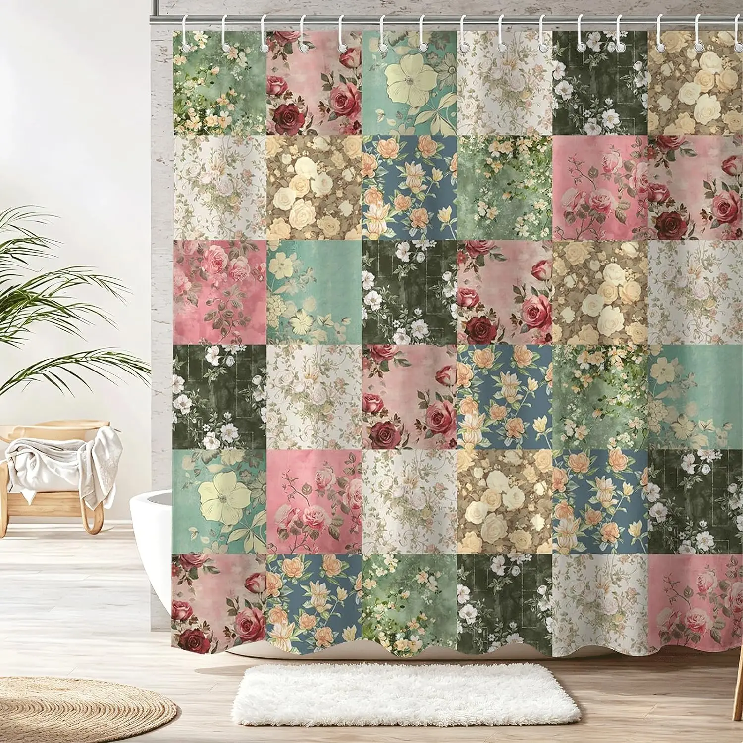 Waterproof Floral Tile Pattern Shower Curtain Bathroom Decor Cottagecore Vintage Print Shower Liner Household Accessories Romant
