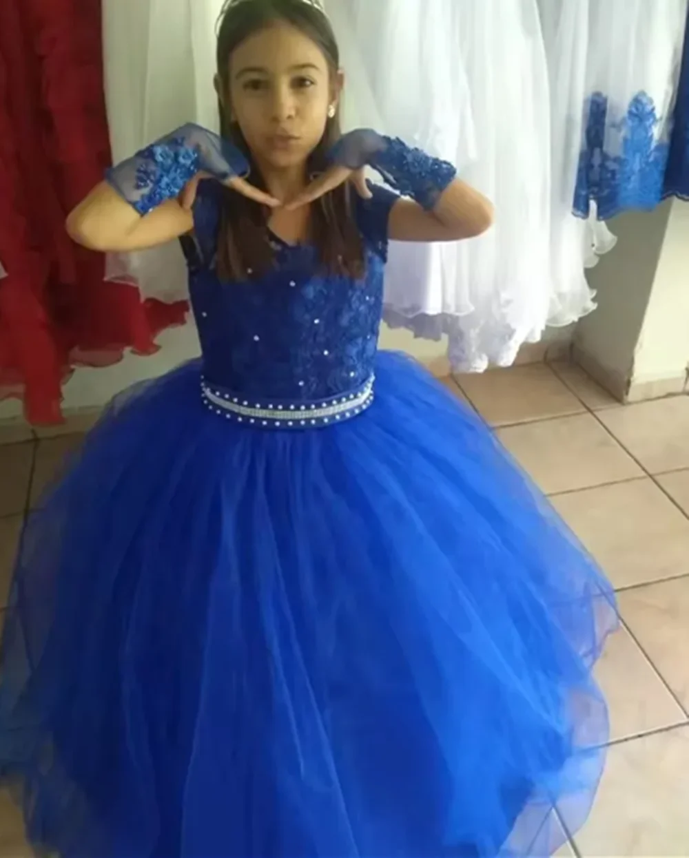 Vestidos de niña de flores azul real personalizados para boda, apliques florales con lazo, vestido de desfile para fiesta de cumpleaños y banquete para niños