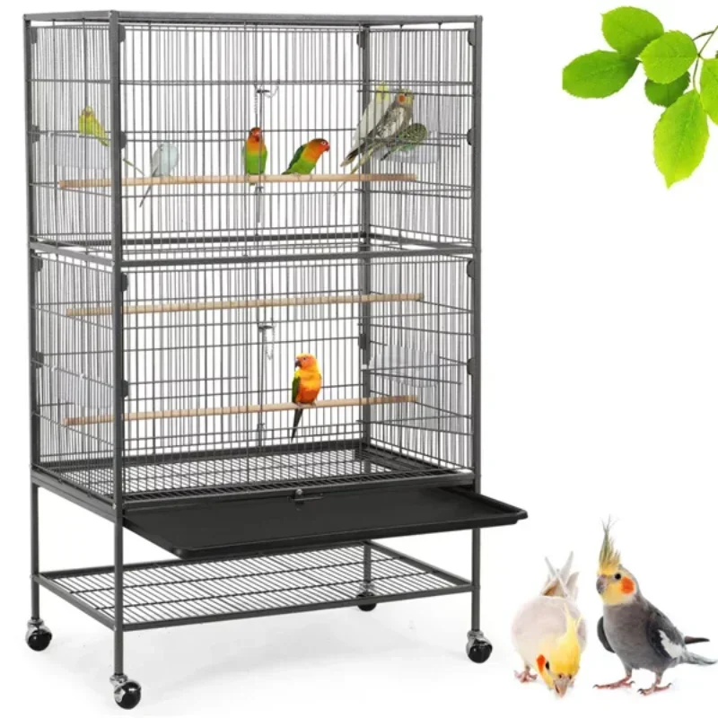 Metal  Large Rolling Bird Cage with 3 Perches  4 Feeders, and Extra Storage Shelf, Black Bird Cage Decoration