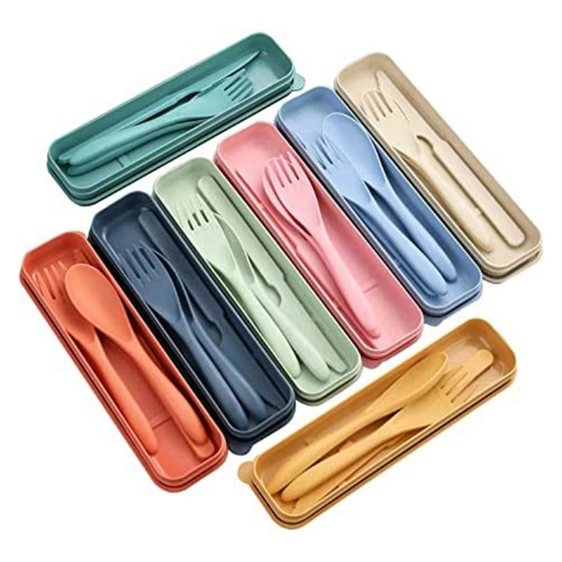 

8 Sets Wheat Straw Cutlery Reusable Cutlery Travel Utensil Set With Case, Spoon Knife Fork