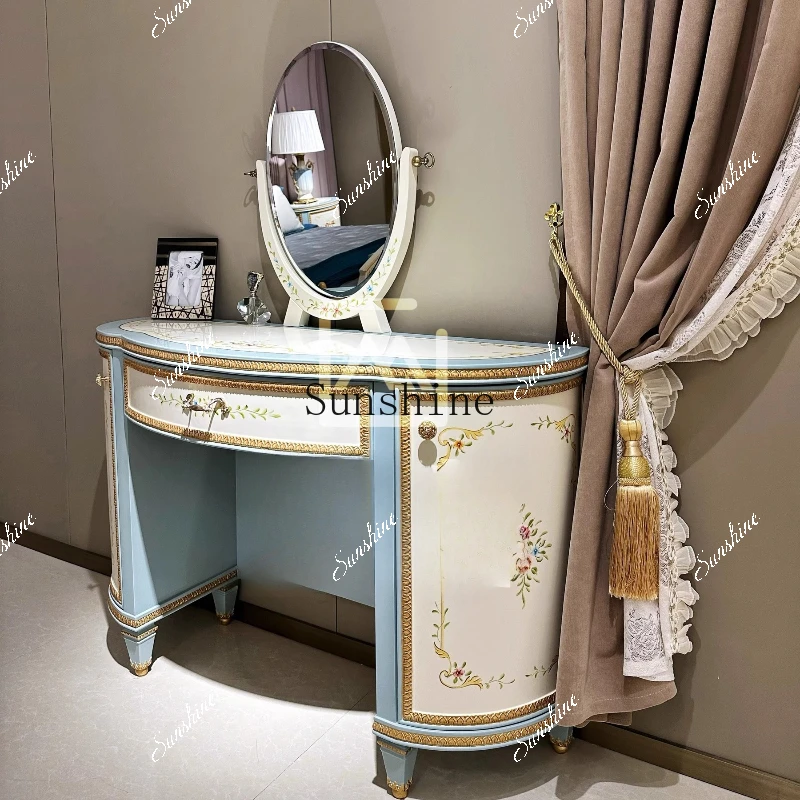 wood retro white dresser fashionable simple European cream style light luxury advanced feeling painted makeup table and chairsP