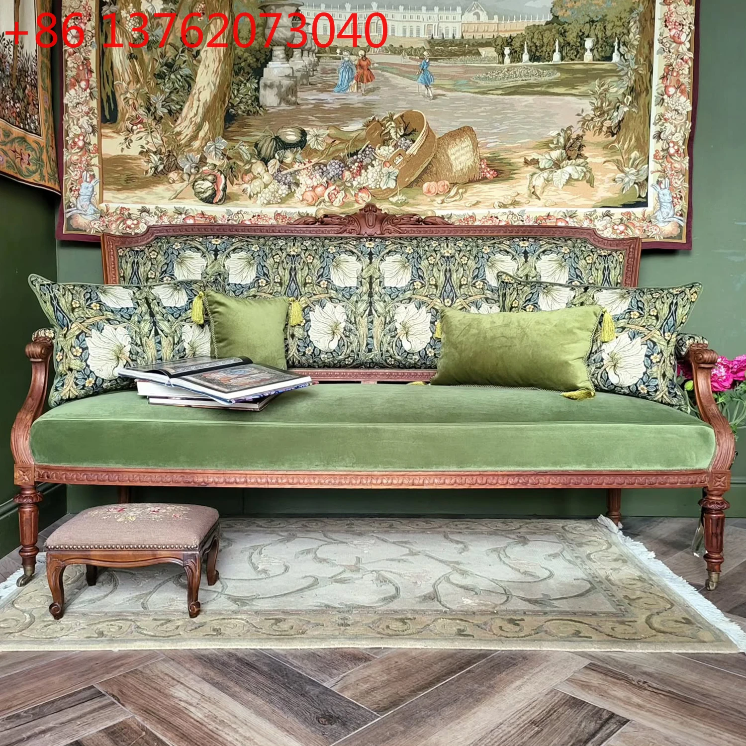 French medieval solid wood sofa villa living room printing sofa American retro home