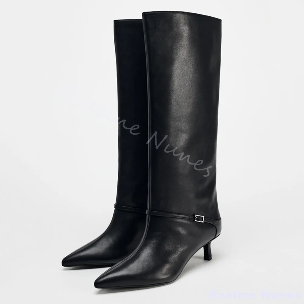 

Kitten Heel Pointed Toe Wide-leg Elegant Boots Women Black Leather Slip On Belt Buckle Biker Boots 2025 Autumn Knee High Boots