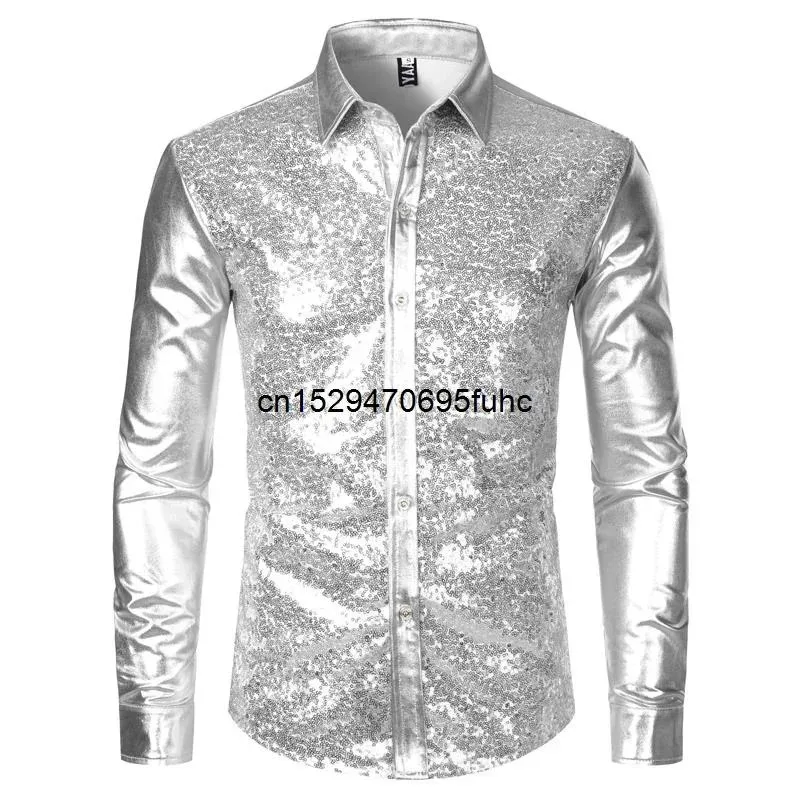

Silver Metallic Sequins Glitter Shirt Men 2023 New 70's Disco Party Halloween costume Men's Stage Performance Shirt Mere