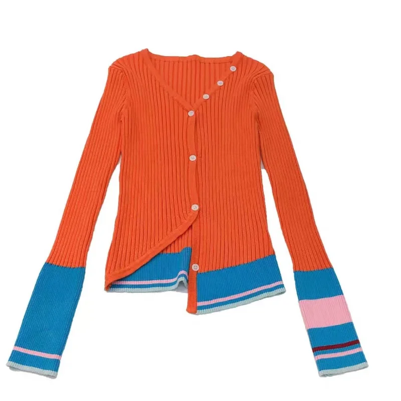 

Осенний новый однобортный однобортный вязаный кардиган с длинными рукавами и v-образным вырезом в стиле ретро, нерегулярный тонкий вязаный топ