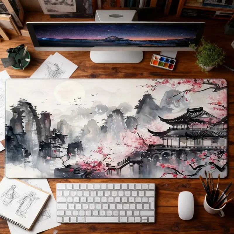 

Sakura Tower Mountain Scenery Gaming Mouse Pad Extra Large Soft Rubber Desk mat Traditional Aesthetic Gaming Mat Multi-Size