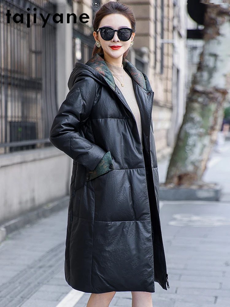 TAJIYANE 100% جلد الغنم سترة منفوخة المرأة مقنعين الأبيض أوزة أسفل معاطف فاخرة حقيقية سترات من الجلد 2025 ملابس امرأة كورت #2