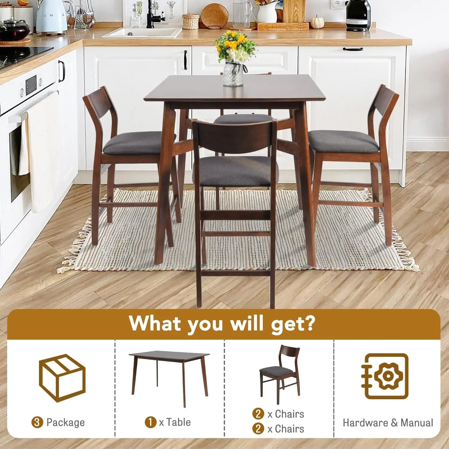 Wood Counter Height Dining Sets for 4, Mid Century Kitchen Breakfast Table and Chairs Set, Rustic Pub High Table and Bar Stools