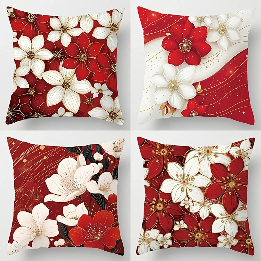 1Pc Red and White Flowers Pattern Throw Pillow - Double-Sided Design Bedroom Sofa Decorative, Soft Plush Cushion with Insert