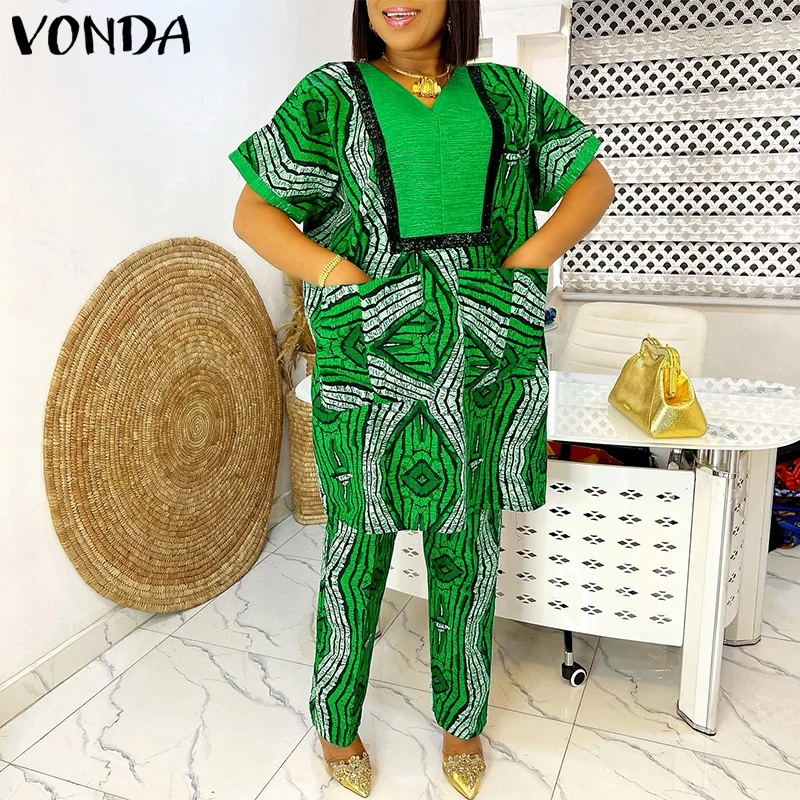 Übergröße 5XL VONDA Sommer Damen Hosenanzüge 2026 V-Ausschnitt Kurzarm Oversized Bohemian Bedruckte Lose Sets mit Taschen Vintage-Anzüge