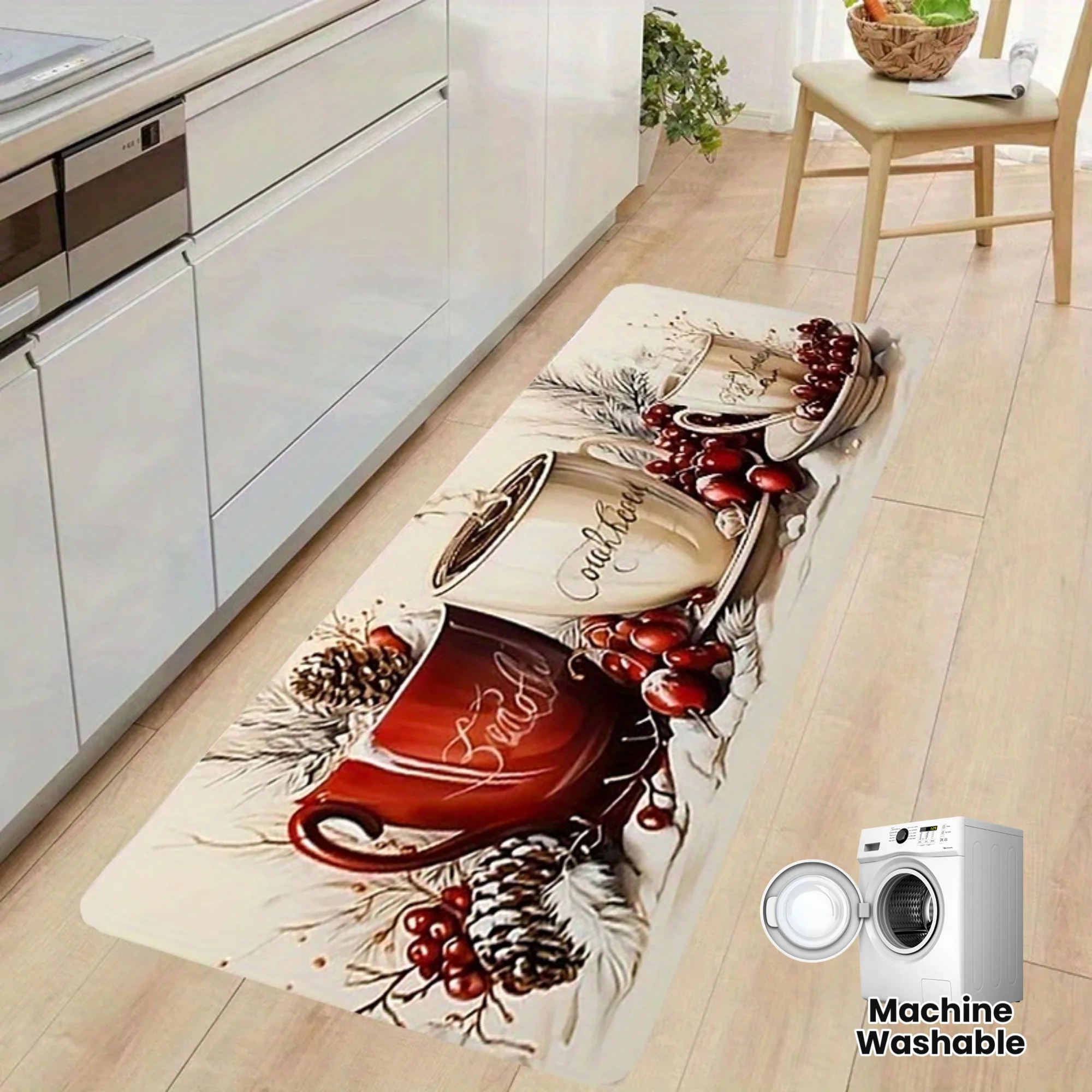 Vintage Christmas Coffee Kitchen Runner Rug, Retro Red Cup Pinecone Berry Non-Slip Absorbent Machine Washable Floor Mat for