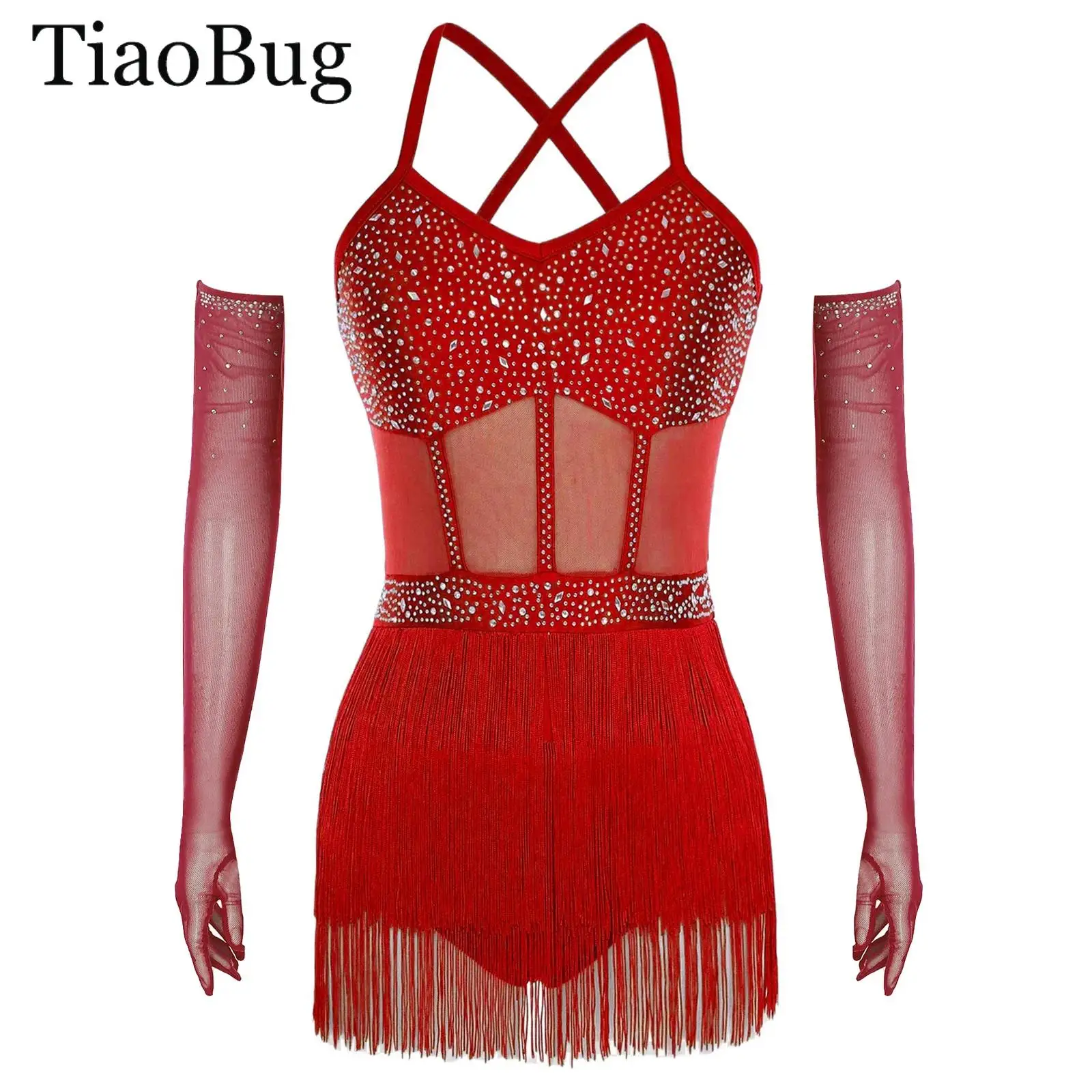 

Womens Fringed Dance Leotard Rhinestone Sheer Mesh Tassel Bodysuit +Gloves Set Cha-cha Tango Salsa Ballroom Latin Jazz Costume