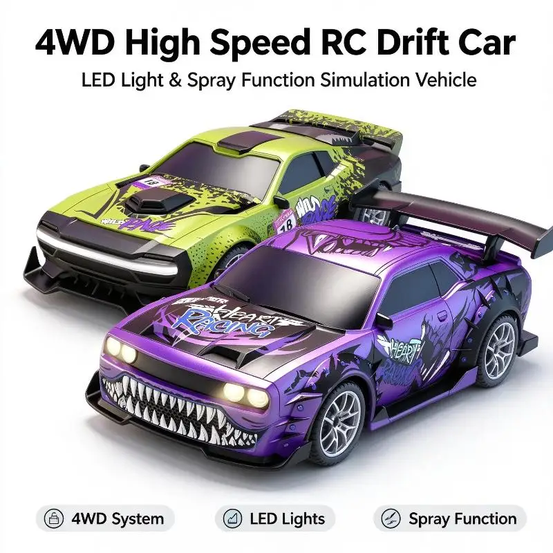 Remote Control 4WD High Speed Off Road Drift Vehicle Equipped LED Lights & Spray For Children Tabletop Competition