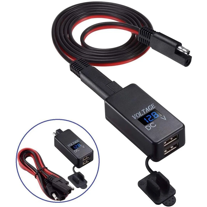 【Superdeals】محول SAE إلى USB مع الفولتميتر للدراجات النارية، قابس قطع الاتصال السريع مع شاحن USB مزدوج مقاوم للماء للهواتف الذكية