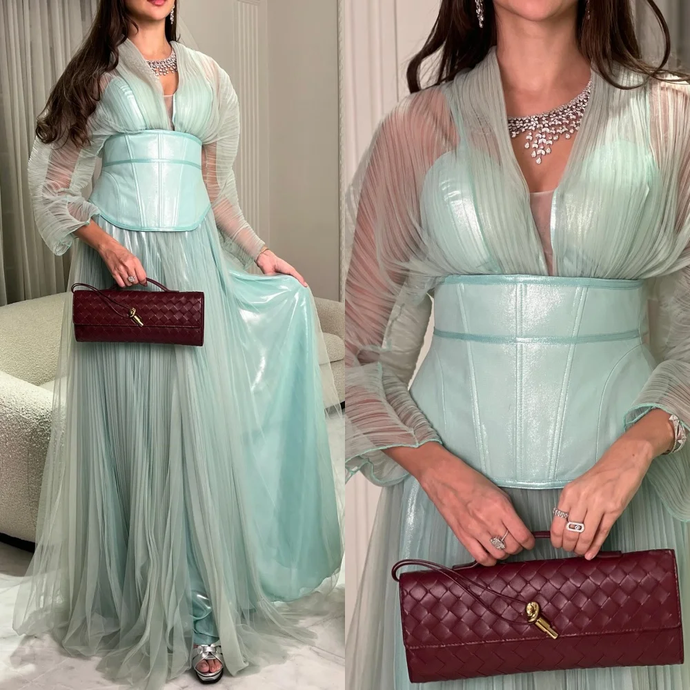 

Customized Exquisite V-Neck Cap Sleeve Long Sleeves Evening Dress High Quality Tulle Prom Dresses Temperament Bridal Party Gowns