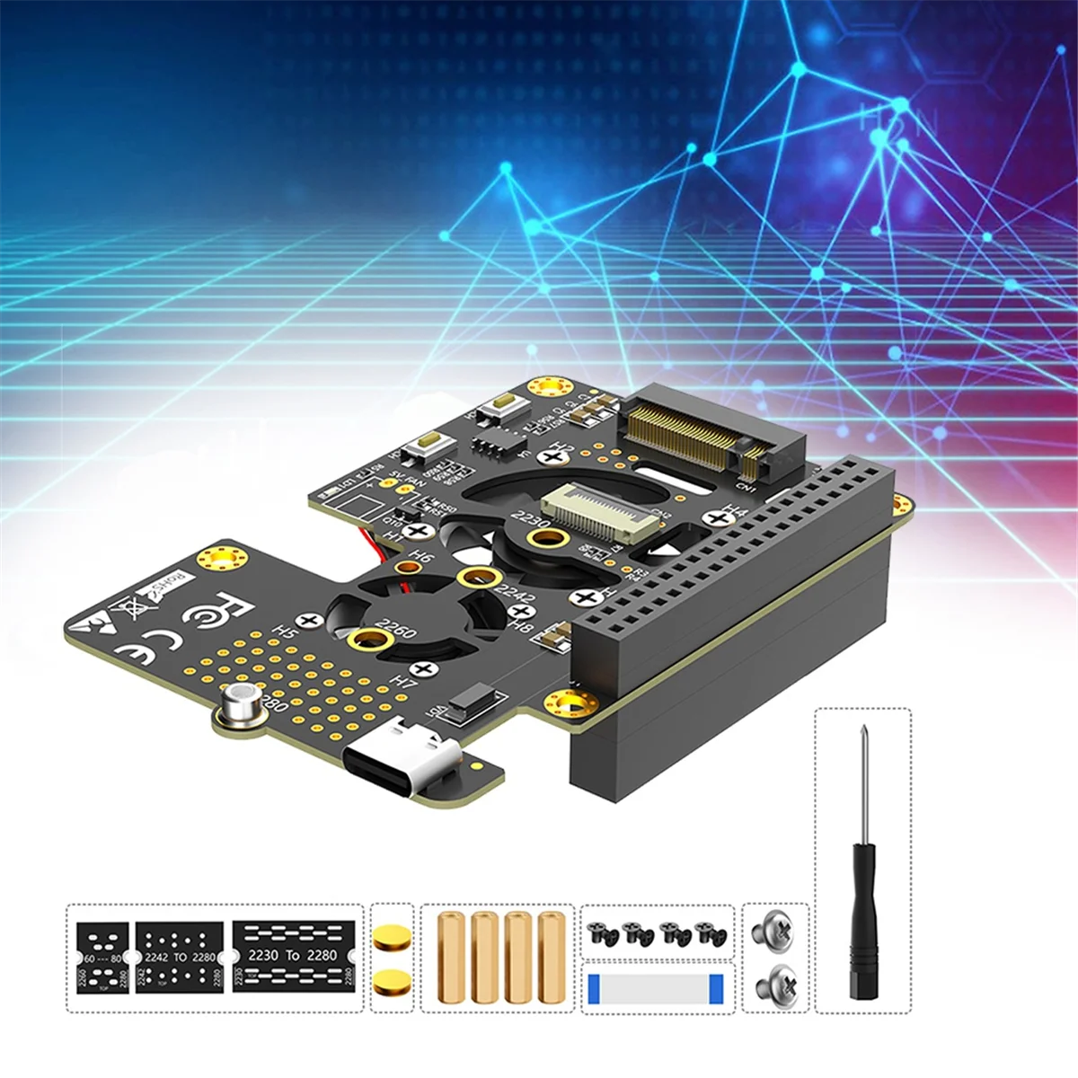 BFYLДля Raspberry Pi 5 PCIe to M.2 NVMe SSD HAT 3in1 с двумя вентиляторами Gen2 Gen3 для 2230 2242 2260 2280 M.2 M-Key NVMe SSD