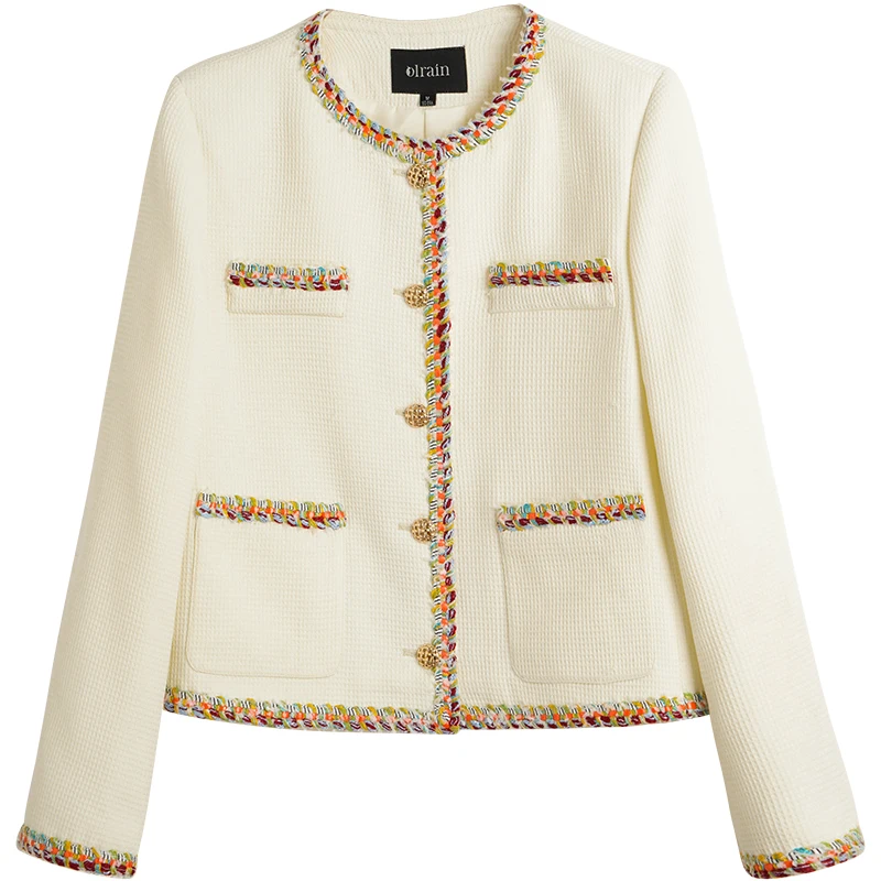 OLrain French Short Tweed Jacket Women's Winter 2025 Contrast Long Sleeve Coats Pocket Elegant Fashion Outerwear O23CW81020