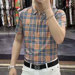 2024 Summer New Fashionable Short Sleeved Polo Shirt Business Affairs Lattice Shirt Men's Casual Commute All-match Tees Tops