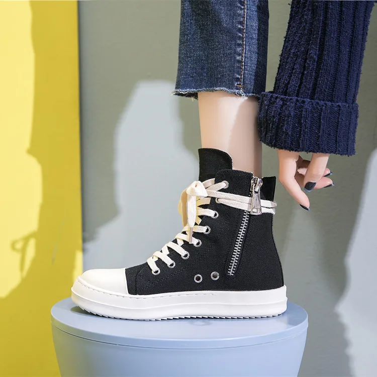 Women Shoes Men Canvas Casual Luxury Brand Trainers Lace-up Zipper Plats Black Shoes Gothic Owen High To Ankle Boots Men Shoes